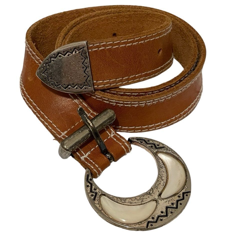 Vintage Liz Claiborne Genuine Leather Belt Tan With Silver And Ivory Tone Buckle